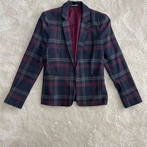 Express Women's Navy and Burgundy Plaid Blazer
